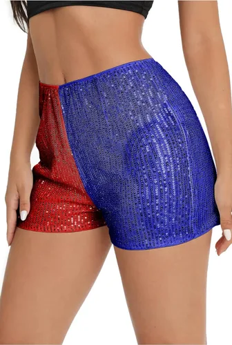 Miniatura 2 de Pantalones cortos de lentejuelas para mujer, de cintura alta, elásticos, pierna recta, pantalones cortos para fiesta, concierto, brillantes