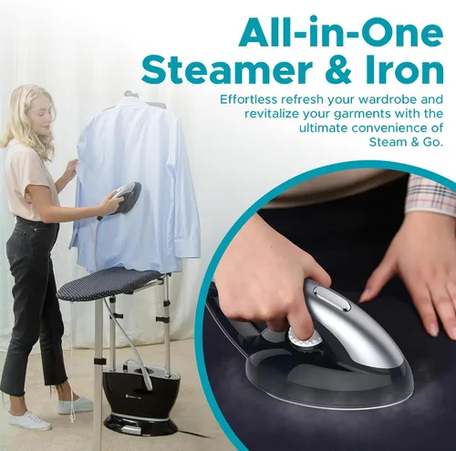 Miniatura 3 de Steam & Go - Vaporizador y plancha todo en uno, vaporizador a presión para ropa con tabla de planchar y colgador de ropa, vaporizador de tela