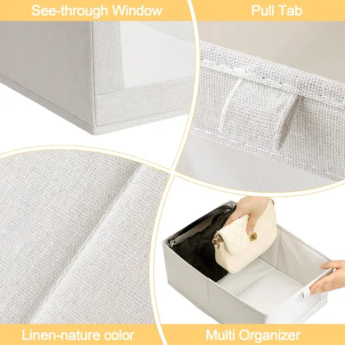 Miniatura 3 de Kigley 12 unidades de lino organizadores y almacenamiento plegables para ropa, caja plegable grande con cestas de almacenamiento de ventana