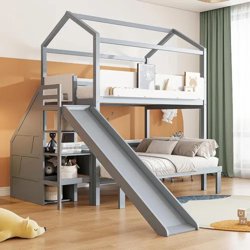 Miniatura 17 de Litera de casa individual sobre cama individual con tobogán convertible y nido, litera de madera maciza con techo y ventana para niños, verde-blanco