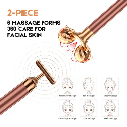 Miniatura 6 de Masajeador facial 2 en 1 Beauty Bar de pulso dorado de 24 quilates, rodillo 3D eléctrico y en forma de T, brazo ojo, nariz, cabeza, masajeador