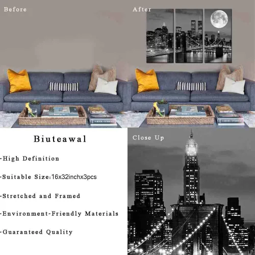 Miniatura 6 de Biuteawal Arte de pared de horizonte de Nueva York, puente de Brooklyn, luna y vista nocturna, lienzo impreso en lienzo de ciudad en blanco y negro