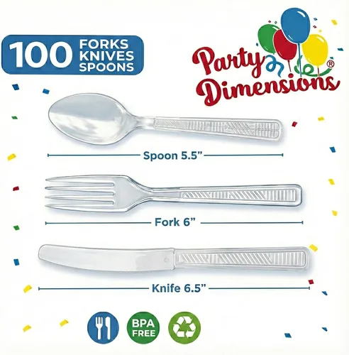 Miniatura 2 de Party Dimensions Caja combinada de cubiertos de plástico de 300 unidades, juego de cubiertos desechables de plástico transparente, 100 tenedores