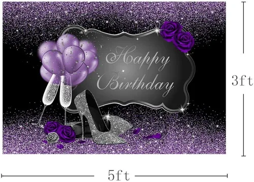 Miniatura 2 de MEHOFOND Accesorios de fondo de fotos en negro y morado, tacones altos plateados, globos de champán, globos de rosa morada, globos de mujer