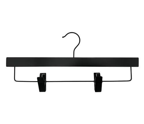 NAHANCO Slimline - Percha de madera para pantalones/faldas de 14 pulgadas con clips acolchados, color negro con herrajes negros