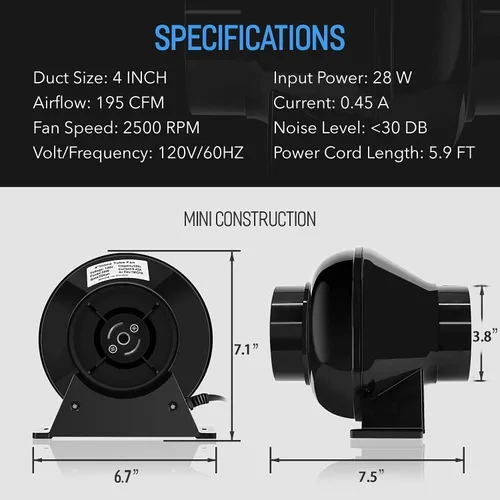 Miniatura 5 de iPower Ventilador de escape en línea de 4 pulgadas 195 CFM, filtro de carbono de aire con gancho, conducto flexible de 8 pies, colgador de cuerda