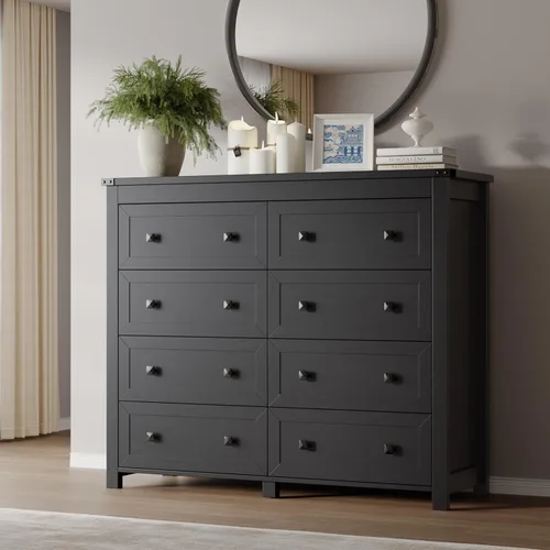 Miniatura 8 de BORNOON Cómoda de 9 cajones, moderna cómoda de almacenamiento de madera, soporte de TV, organizador de cajones de madera con asas de metal