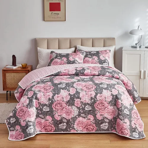 Miniatura 15 de UOZZI BEDDING - Juego de edredón reversible de 3 piezas tamaño Queen, con hojas verde azuladas y flores rojas en blanco, microfibra suave y ligera