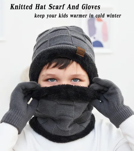 Miniatura 3 de KMOLY Gorro de invierno para niños, bufanda y pantalla táctil, juego de guantes para niños y niñas de 4 a 15 años, gorro de calavera, gorro de punto
