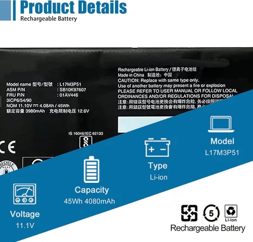 Miniatura 2 de L17M3P51 01AV446 - Batería de repuesto para laptop Lenovo ThinkPad E480 E485 E495 E580 E585 Series Notebook SB10K97607 L17C3P51 SB10K97609 01AV448
