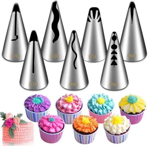 Suuker Juego de 7 boquillas plisadas para tuberías de falda plisada, boquillas rusas de acero inoxidable, juego de tuberías para fondant de
