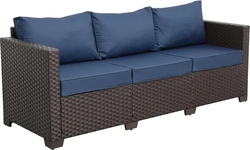 Miniatura 8 de Valita Muebles de patio de 3 asientos, sofá de mimbre marrón, muebles de exterior, sofá de exterior, asiento profundo, respaldo alto, funda Azul