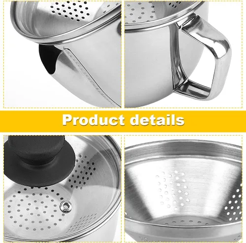 Miniatura 7 de Separador de grasa de acero inoxidable para 4 tazas/33.8 fl oz, separador de grasa con colador y tapa de vidrio, taza separadora de aceite de sopa