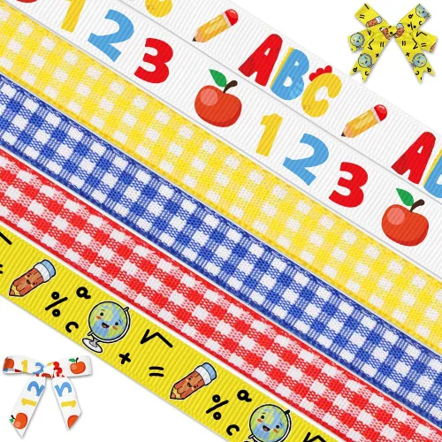 Miniatura 8 de 9 rollos de cintas de grogrén de regreso a clases de 27 yardas – rojo, azul y amarillo – Cintas de envoltura de regalo de 3/8 pulgadas