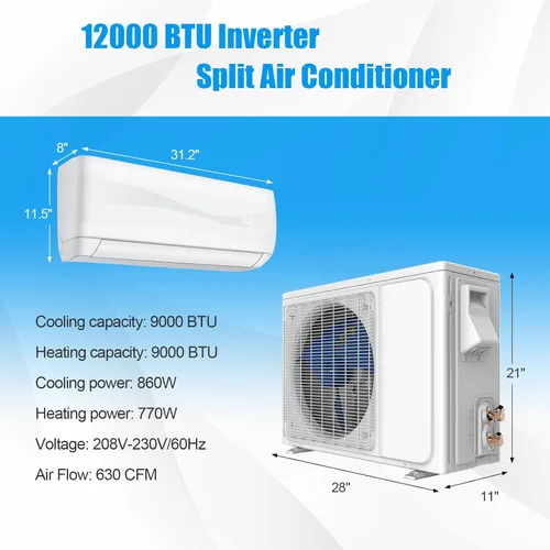 Miniatura 6 de PETSITE 9000 BTU Mini Split Aire acondicionado pre-cargado Inverter Sistema de bomba de calor, 17 SEER2 208V-230V montado en la pared, unidad de CA