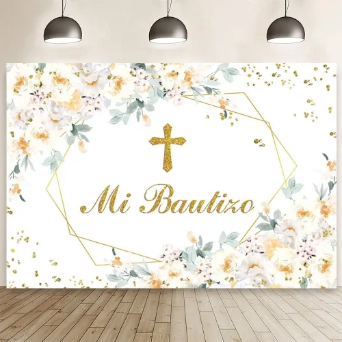 AIBIIN Telón de fondo Mi Bautizo de 7 x 5 pies para niña, diseño floral amarillo y blanco, para fotografía de bautismo, puntos dorados con