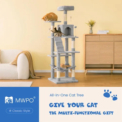 Miniatura 2 de MWPO Árbol para gatos multinivel de 63.8 pulgadas para gatos grandes con postes rascadores cubiertos de sisal, plataforma acolchada, hamaca