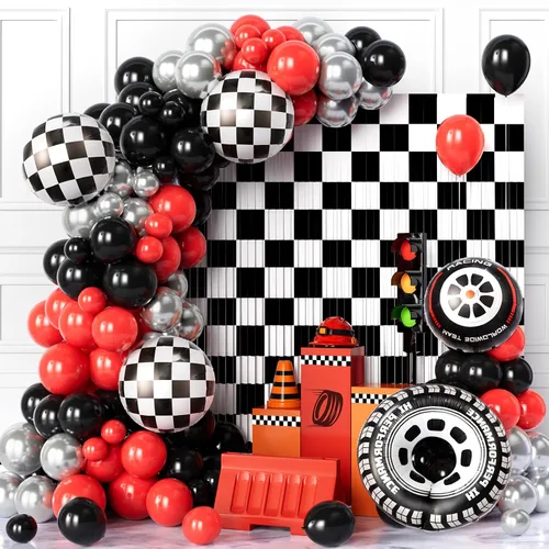 Miniatura 7 de Kit de arco de guirnalda de globos de auto de carreras, 128 piezas, globos rojos, azules, negros, negros, fondo de borla a cuadros y globo