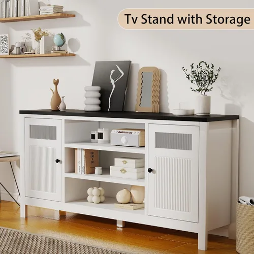 Miniatura 7 de Soporte de TV blanco con almacenamiento: centro de entretenimiento de 63 pulgadas de alto para televisores de hasta 70 pulgadas, consolas de TV