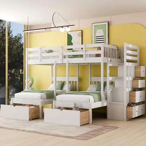 Miniatura 14 de Literas de tamaño matrimonial sobre individual e individual, litera triple de madera con cajones de almacenamiento, barandillas y escalera para 3