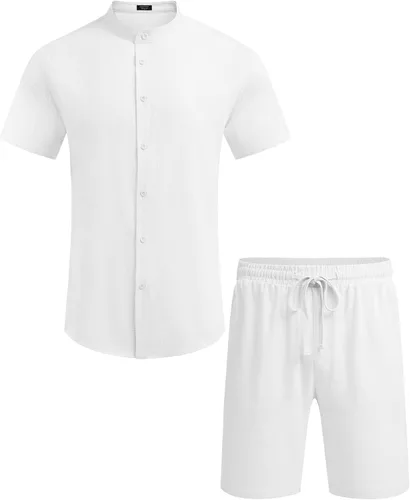 Miniatura 5 de COOFANDY Conjunto de lino de 2 piezas para hombre, camisa y pantalones cortos con cuello de banda casual