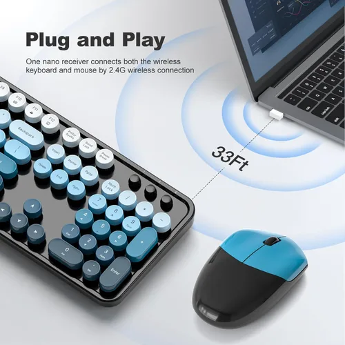 Miniatura 2 de Combo de teclado y mouse inalámbricos, teclado retro de tamaño completo de 2.4 GHz con teclado numérico y mouse inalámbrico para Negro azul