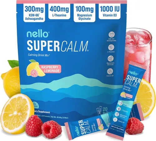 Nello Supercalm - Mezcla de bebida en polvo, reductor de cortisol y ayuda para dormir, L Teanina, Ashwagandha Ksm-66, Magnesio Glicinato, Vitamina