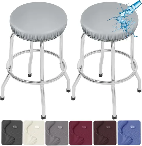 Miniatura 13 de Paquete de 2 fundas para taburetes de bar de poliuretano, impermeables, extraíbles, lavables, color gris, se adapta a taburetes redondos de 13 a 18