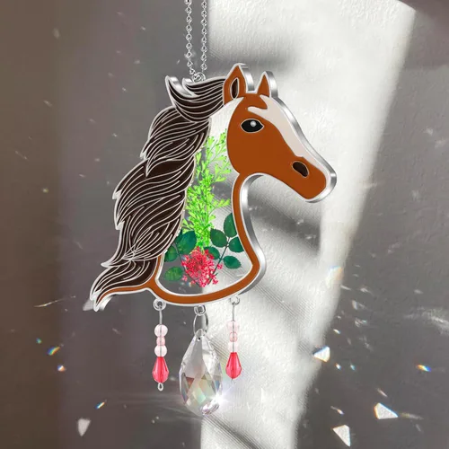 Miniatura 2 de KY&BOSAM Atrapasoles de cristal pintado a mano con cabeza de caballo, campanilla de viento con flor prensada incrustada en ventana de cristal, Día