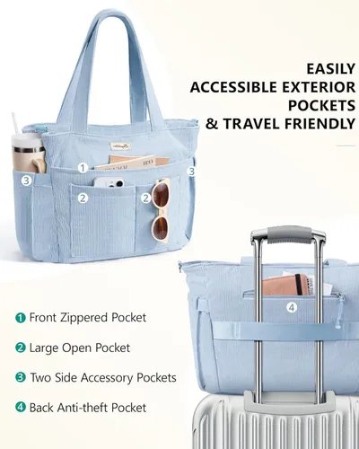 Miniatura 7 de Bolsa tote de pana para mujeres, 17 bolsillos para laptop de trabajo, ligera, para maestras, enfermeras, bolsa de hombro bíblica para escuela