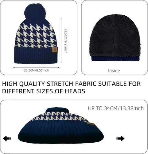 Miniatura 2 de Conjunto de gorro de invierno cálido para mujer, bufanda larga, guantes para pantalla táctil, clásico a cuadros, de punto calavera, bufandas