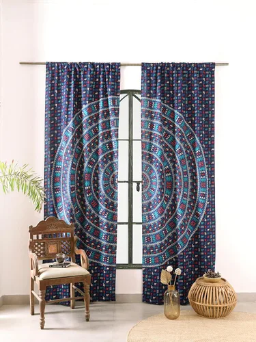 Miniatura 2 de Popular Handicrafts Cortinas hippie azul con mandala de camello de 100 pulgadas de largo para sala de estar o dormitorio, juego de 2 paneles