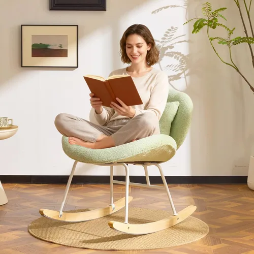Miniatura 10 de VINGLI Silla mecedora de guardería extra ancha de 25.6" de 115° sin brazos, silla deslizante curvada linda con patas en X con almohada y madera