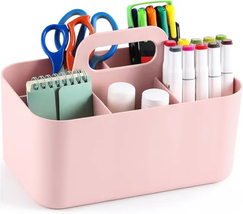 Miniatura 9 de Organizador Caddy Multiusos con Asa - Contenedor de Plástico Apilable Tote - Suministros de Arte y Manualidades, Oficina, Escritorio, Papelería, Rosa