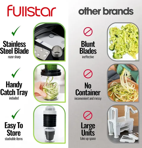 Miniatura 7 de Fullstar - Cortador de verduras con espiralizador de verduras 8 en 1 para calabacín y espaguetis de calabacín, espiralizador de vegetales de mano