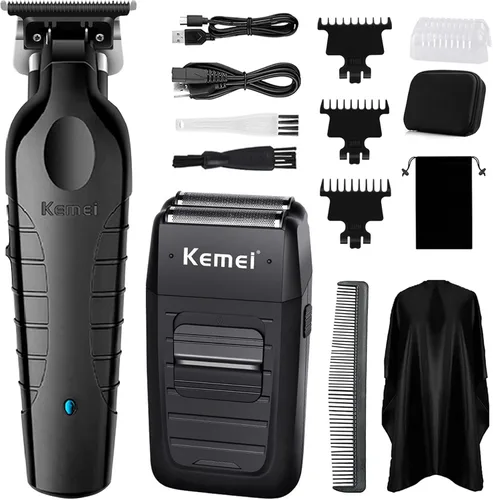KEMEI Juego de cortadora de pelo y afeitadora profesional inalámbrica para hombres, cortadoras eléctricas de barba de doble lámina, kit de corte de