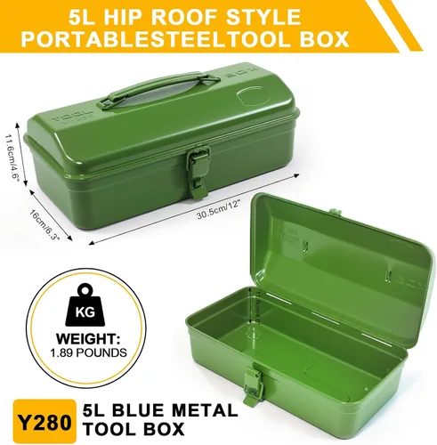 Miniatura 2 de Caja de herramientas de metal portátil verde militar, estilo de techo de cadera con cierre de cierre de metal, pecho de herramienta para taller