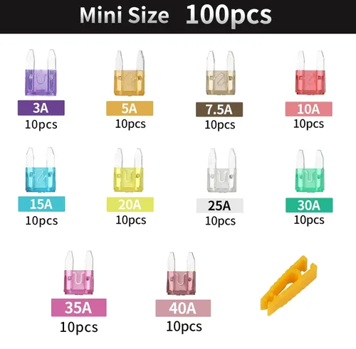 Miniatura 3 de Kit de 100 mini fusibles, kit de surtido de fusibles de cuchilla (3A/5A/7.5A/10A/15A/20A/25A/30A/35A/40A) (con herramienta extractora)