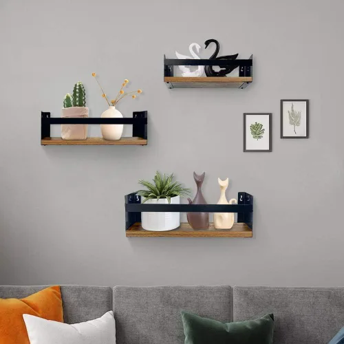 Miniatura 2 de Giftgarden Juego de 3 estantes flotantes negros para pared, estante de pared grueso industrial con soporte de riel de hierro para almacenamiento