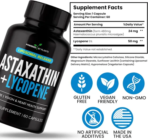 Miniatura 5 de Astaxantina liposomal 24 mg + licopeno 50 mg - 60 cápsulas Potente antioxidante para ojos, piel, corazón e inmune Complejo de microalgas