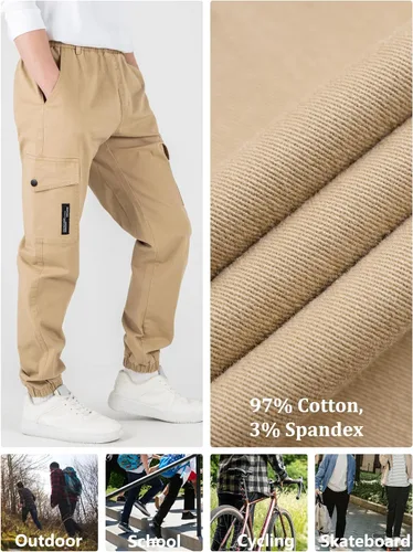 Miniatura 6 de CAMLAKEE Pantalones cargo para niños, cintura elástica, pantalones deportivos de sarga para niños