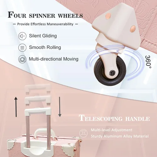 Miniatura 6 de Unitravel Juego de equipaje vintage de 3 piezas para mujer con cerradura TSA, Rosa en relieve.