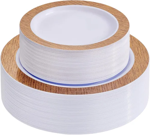 Miniatura 17 de 102 platos desechables de plástico de color café dorado con diseño de encaje, sin bisfenol A, lo que incluye: 51 platos llanos de 10.25 pulgadas