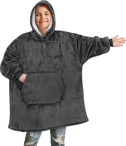 PAVILIA Sudadera Manta Ponible para Niños y Niñas, Sudadera con Capucha Gigante Cálida y Acogedora, Forro Polar Sherpa con Capucha y Mangas de Gris