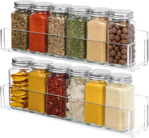 Estantes de especias acrílicos para montaje en pared, paquete de 2 estantes transparentes para especias para puerta de gabinete con nano cinta y