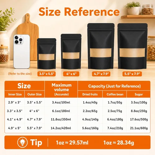 Miniatura 2 de 100 bolsas de papel kraft negro con ventana, bolsas de pie de 3.5 x 5.5 pulgadas, bolsas de almacenamiento de alimentos para productos de embalaje