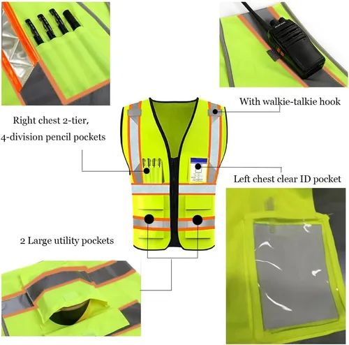 Miniatura 4 de Chaleco de seguridad de alta visibilidad reflectante personalizado con logotipo, ropa de trabajo de seguridad con tiras reflectantes y bolsillos