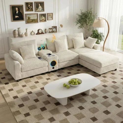 Miniatura 12 de MAKIAAP Sofá modular de pana de 83 pulgadas con altavoces, cómodo sofá biplaza de asiento profundo con otomana móvil, consola, cargador USB, Beige