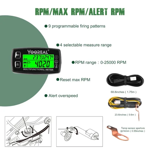 Miniatura 5 de Yooreal Medidor Digital de Temperatura del Motor, Tacómetro y Medidor de Horas, Sonda de Temperatura Removible, Impermeable para Motonieve, Soplador