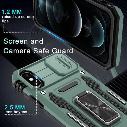 Miniatura 5 de DEERLAMN Funda para iPhone Xs Max con funda deslizante para cámara + protector de pantalla, soporte giratorio de anillo de grado militar a prueba